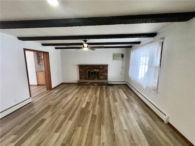 302 S Main St, Masontown, PA 15461 - unfurnished living room featuring baseboard heating, ceiling fan, baseboards, light wood-style flooring, and beam ceiling