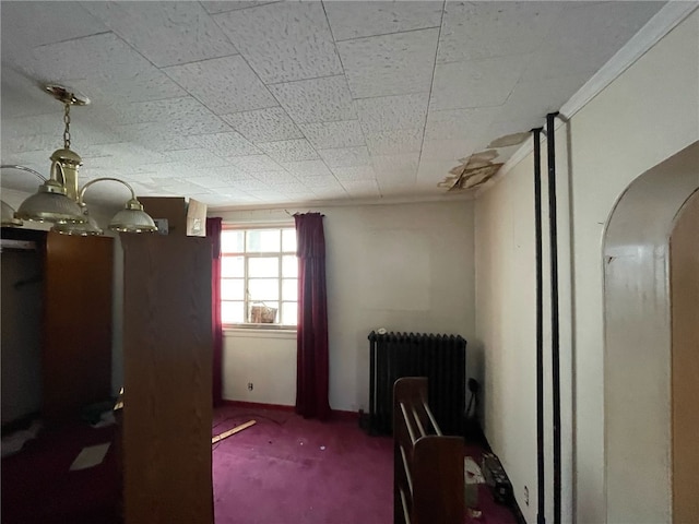 interior space with radiator, crown molding, and carpet flooring