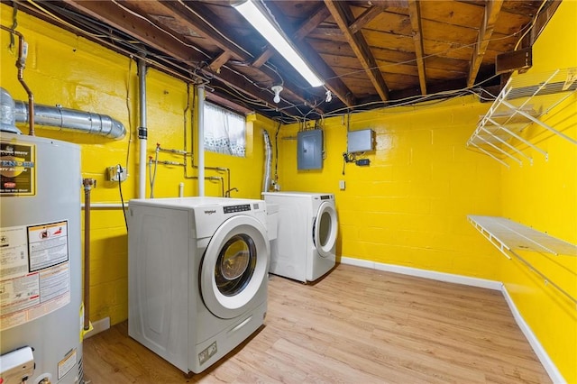 laundry room with electric panel, washer and clothes dryer, gas water heater, and hardwood / wood-style flooring