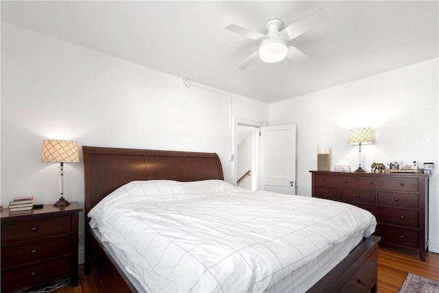 bedroom featuring hardwood / wood-style flooring and ceiling fan