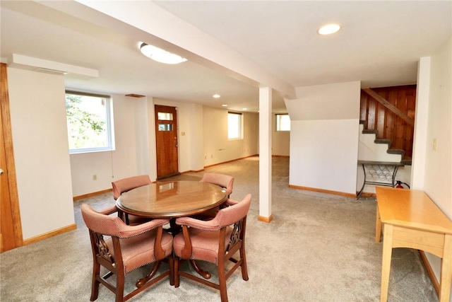 1219 Minnesota Ave, Natrona Hts/Harrison Twp, PA 15065 - dining area with recessed lighting, baseboards, a healthy amount of sunlight, and light colored carpet
