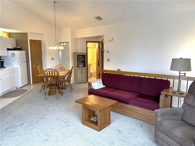 Z1 Sunridge Dr, Seven Springs Resort, PA 15622 - living room with light carpet, lofted ceiling, and an inviting chandelier
