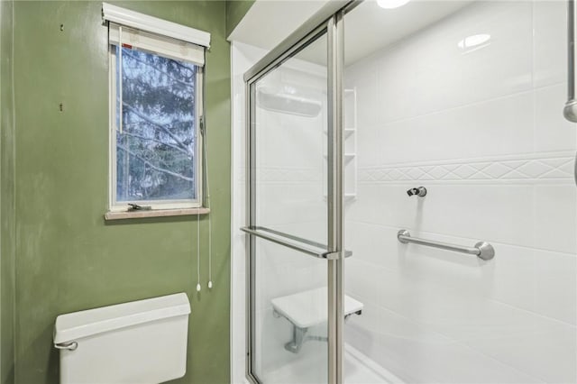 bathroom with toilet and a stall shower