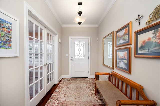 doorway featuring french doors, ornamental molding, and wood-type flooring