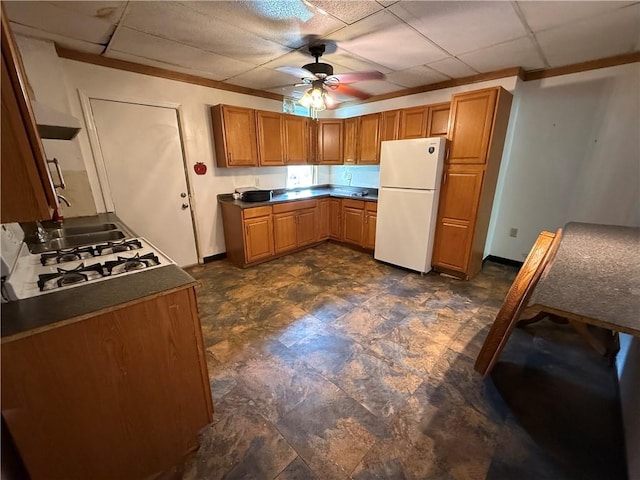 1405-1407 W W, Homestead, PA 15120 - kitchen featuring white appliances, ceiling fan, dark countertops, a drop ceiling, and brown cabinets