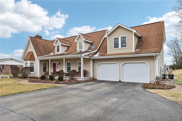 cape cod home with a front lawn, a garage, and a porch