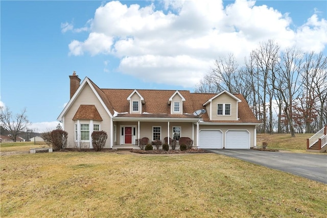 cape cod house with a garage, a front lawn, and a porch