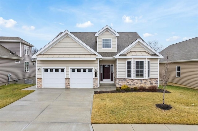 craftsman-style house featuring an attached garage, stone siding, a front lawn, and concrete driveway