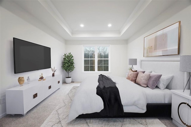 bedroom featuring a tray ceiling, light carpet, crown molding, and recessed lighting