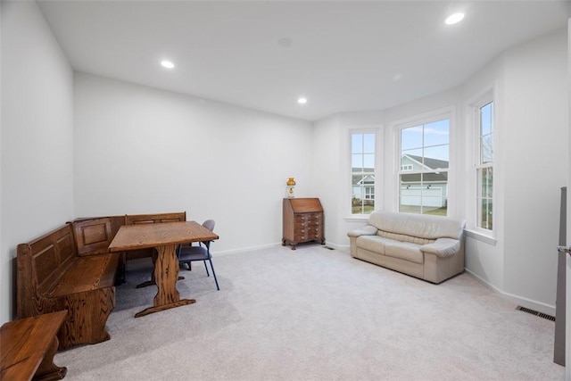 office area with recessed lighting, visible vents, light carpet, and baseboards