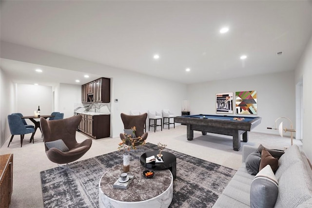 recreation room featuring recessed lighting, pool table, and light colored carpet