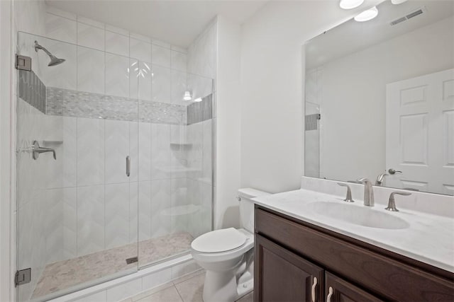 full bath with visible vents, toilet, a stall shower, vanity, and tile patterned floors