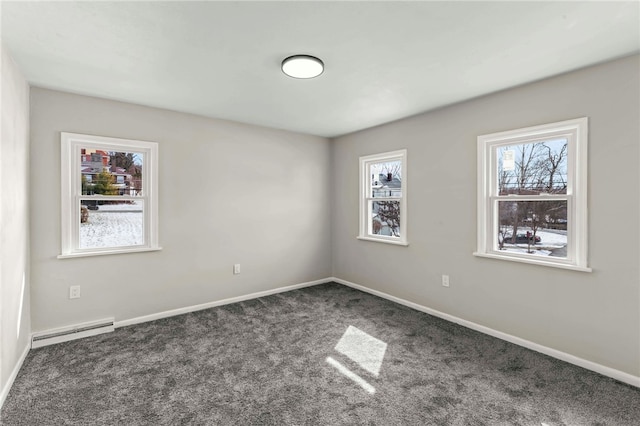 carpeted empty room with baseboard heating