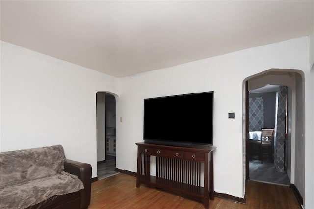 living room with dark hardwood / wood-style flooring