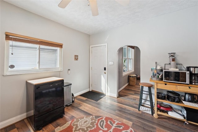 foyer entrance with baseboards, dark wood finished floors, and arched walkways