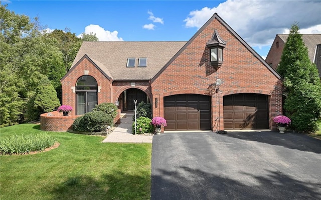 tudor home featuring a front lawn, brick siding, driveway, and a garage