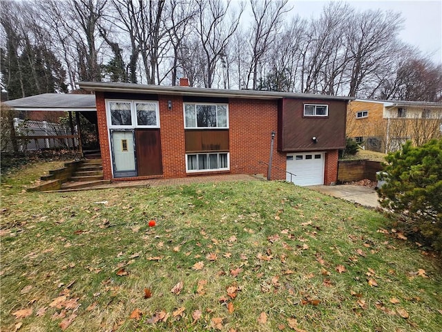 back of house featuring a garage, a chimney, a lawn, and brick siding