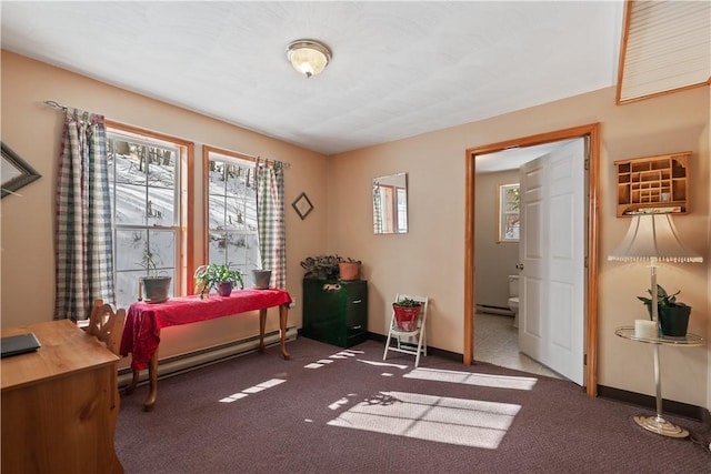 misc room with a baseboard radiator and carpet flooring