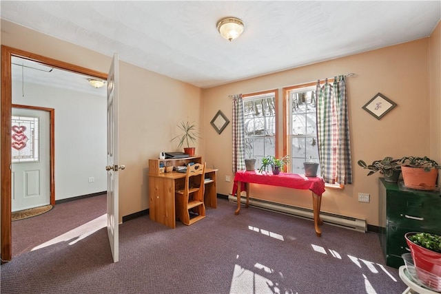 interior space with a baseboard heating unit and dark carpet