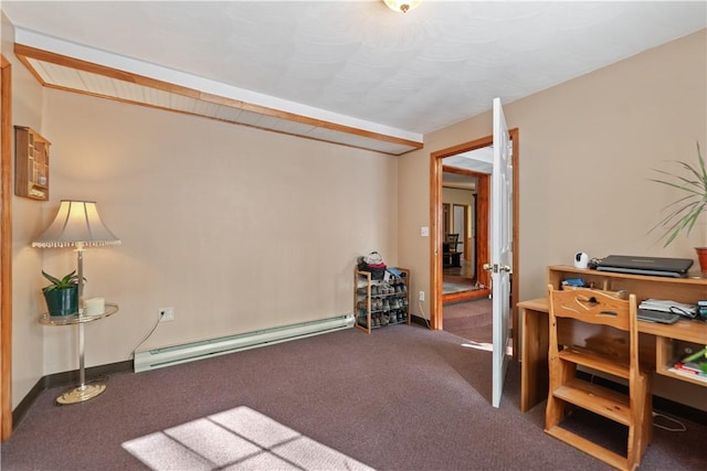 office space with a baseboard radiator and carpet