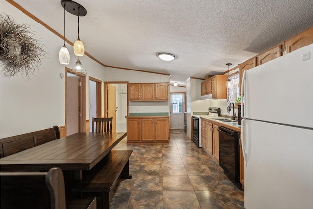 kitchen with electric range, hanging light fixtures, black dishwasher, and white refrigerator