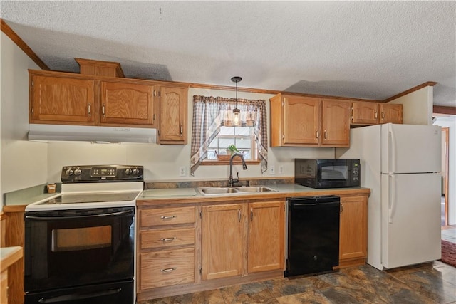 kitchen with sink, black appliances, decorative light fixtures, a textured ceiling, and crown molding