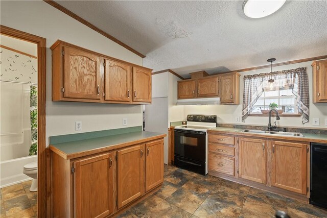 kitchen with dishwasher, pendant lighting, lofted ceiling, range with electric cooktop, and sink