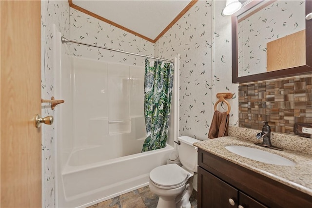 full bathroom featuring ornamental molding, vanity, lofted ceiling, shower / bathtub combination with curtain, and toilet