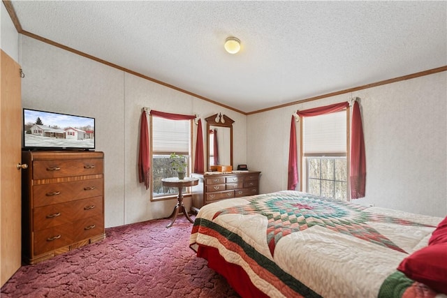 carpeted bedroom with a textured ceiling and ornamental molding