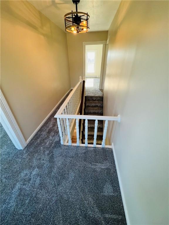 stairway with baseboards and carpet flooring