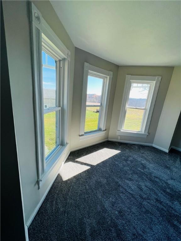 spare room with baseboards, dark colored carpet, and a healthy amount of sunlight