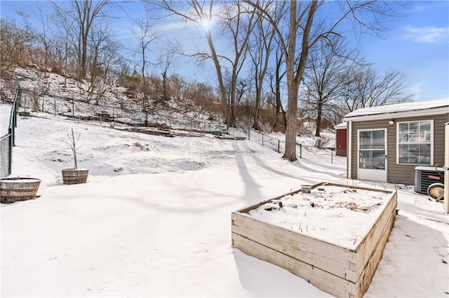 yard covered in snow with cooling unit