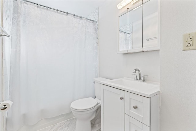 bathroom featuring shower / bath combination with curtain, vanity, marble finish floor, and toilet