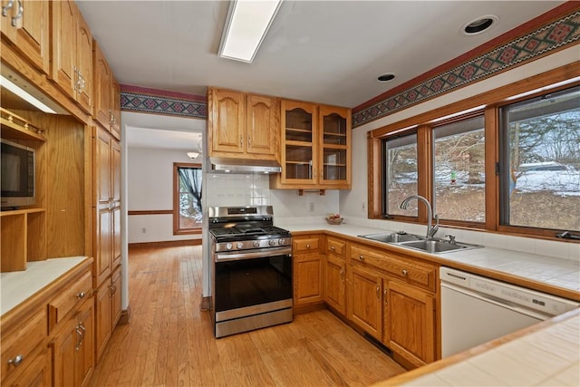 169 Clearview Rd, Raccoon Twp, PA 15001 - kitchen with white dishwasher, a sink, light wood finished floors, stainless steel gas range oven, and built in microwave
