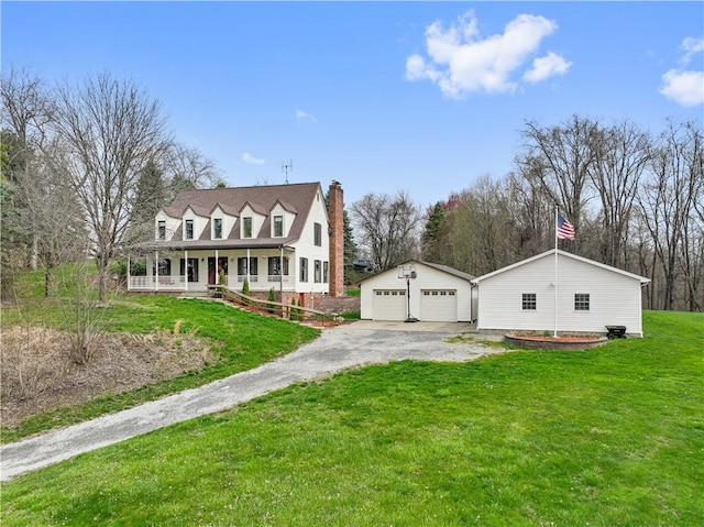 169 Clearview Rd, Raccoon Twp, PA 15001 - cape cod-style house with covered porch, a garage, a chimney, an outbuilding, and a front lawn