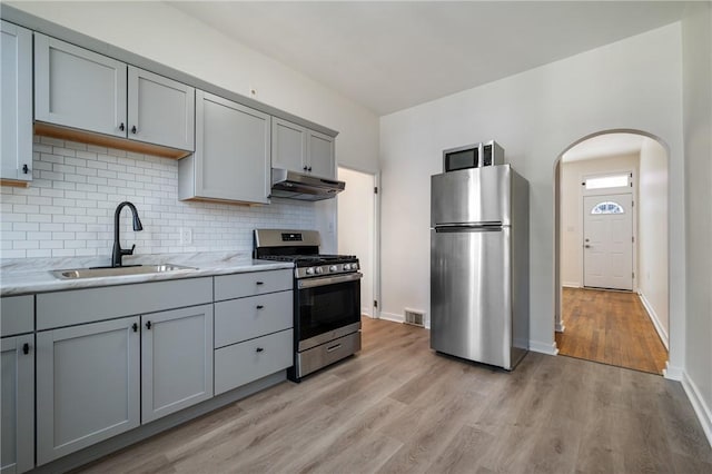 kitchen featuring under cabinet range hood, stainless steel appliances, a sink, visible vents, and backsplash