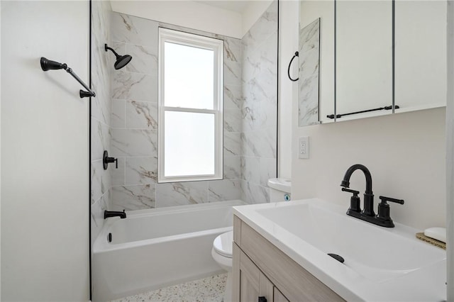 bathroom with toilet, shower / tub combination, and vanity