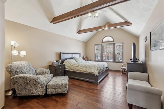 bedroom with vaulted ceiling with beams, dark wood finished floors, and baseboards