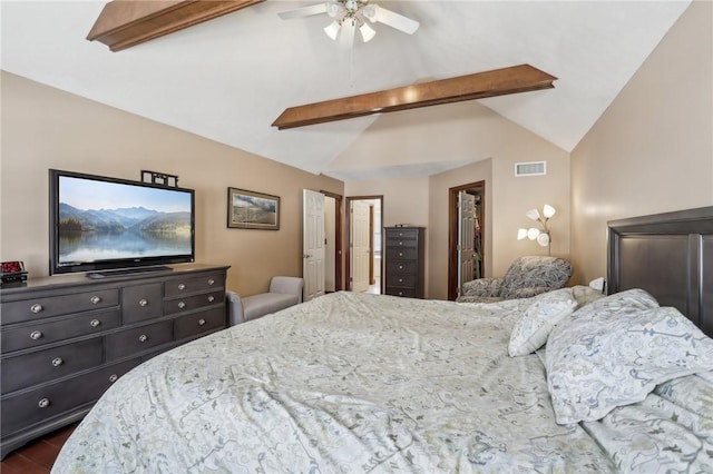 bedroom with vaulted ceiling with beams, ceiling fan, visible vents, and dark wood finished floors