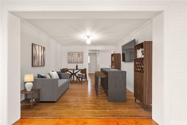 living room with wood finished floors and crown molding