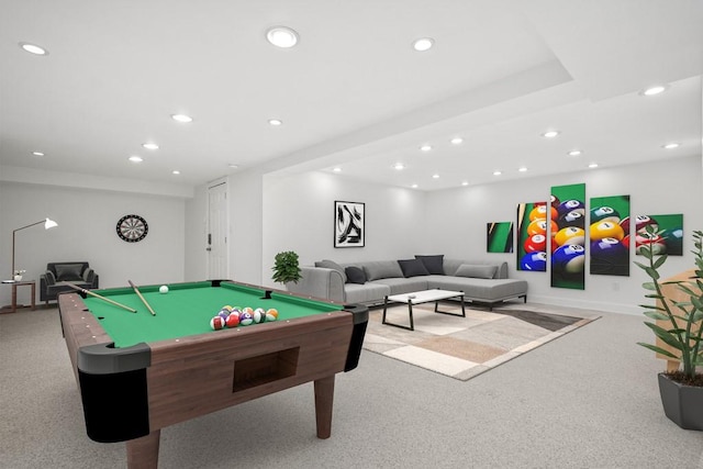 rec room with light colored carpet, recessed lighting, and pool table