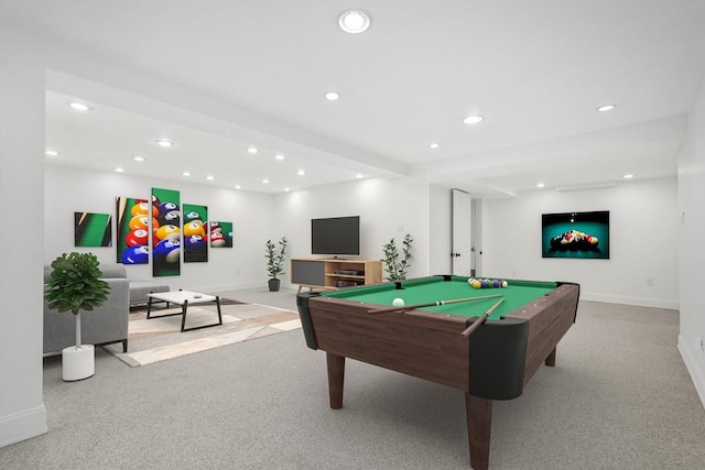 game room featuring light carpet, billiards, baseboards, and recessed lighting