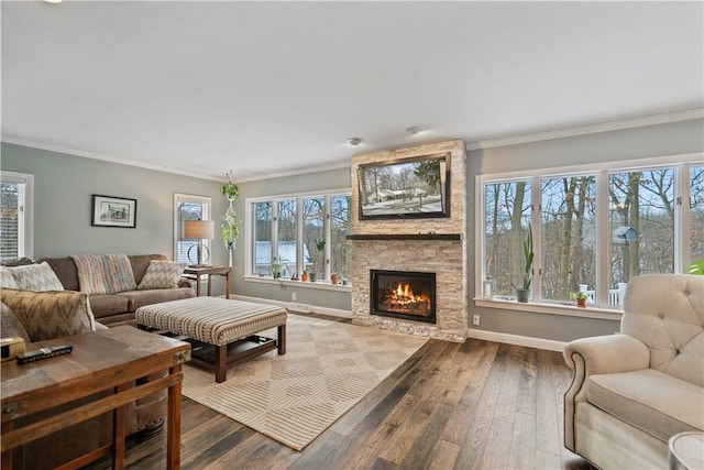 living area with baseboards, a stone fireplace, wood finished floors, and crown molding