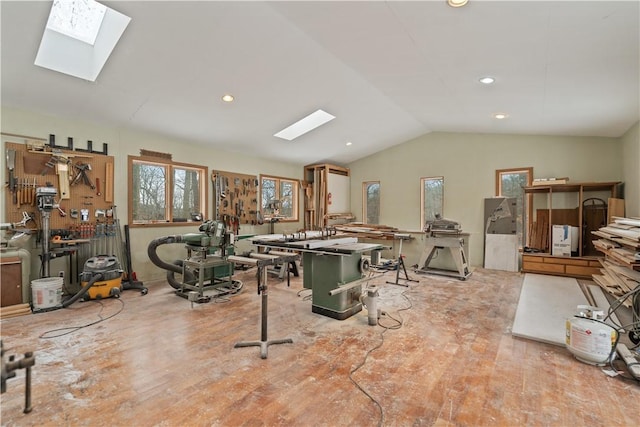 miscellaneous room with light wood-style flooring, vaulted ceiling, and recessed lighting