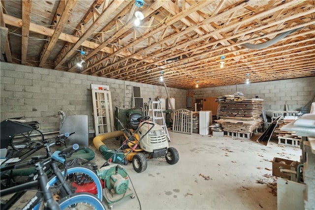 basement with a garage and concrete block wall