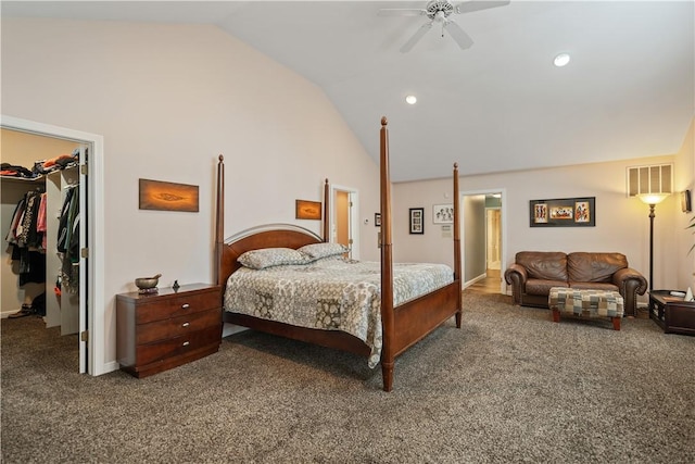 carpeted bedroom with visible vents, ceiling fan, a spacious closet, high vaulted ceiling, and a closet