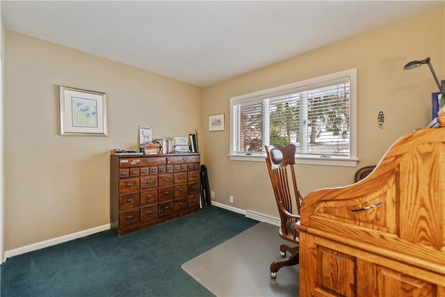 home office featuring baseboards, dark carpet, and baseboard heating