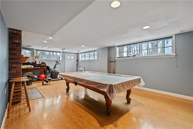 rec room featuring light wood finished floors, billiards, baseboards, and recessed lighting