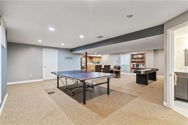 playroom featuring recessed lighting, light carpet, visible vents, and baseboards