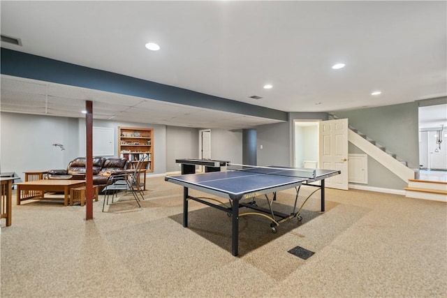 game room featuring recessed lighting, visible vents, baseboards, and light colored carpet